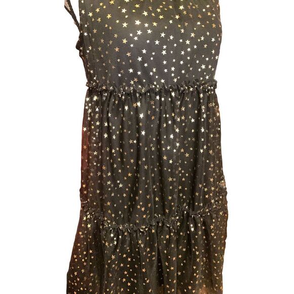 POPSUGAR Babydoll Gold Foil Star Tiered Little Black Party Dress, XS - Picture 2 of 8